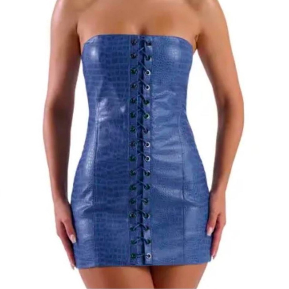 Naked Wardrobe Croc Leather Blue Faux Strapless Tube Dress